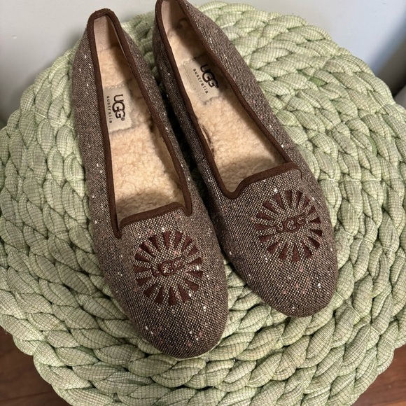 UGG Alloway Brown Tweed Sherpa Lined Slip on Slipper Flat Loafers NWOT - Picture 3 of 9
